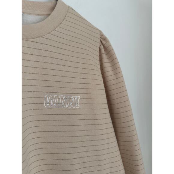 GANNI Organic Cotton Puff Sleeve Metallic Stripe Sweatshirt - Cream/Gold, XL - Picture 3 of 10